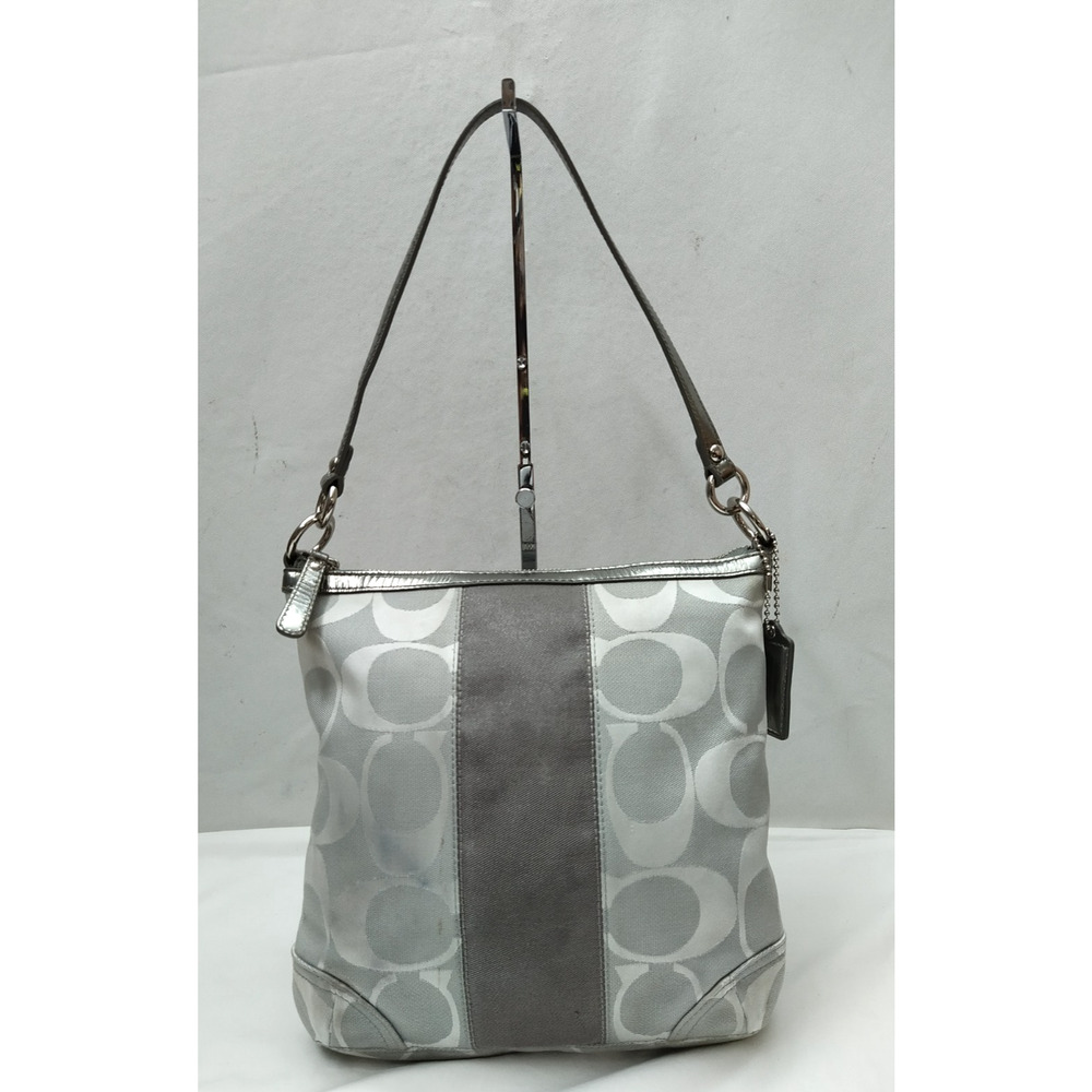 Coach Signature Gray Canvas Stripe Zipper Closure Hobo Shoulder Bag